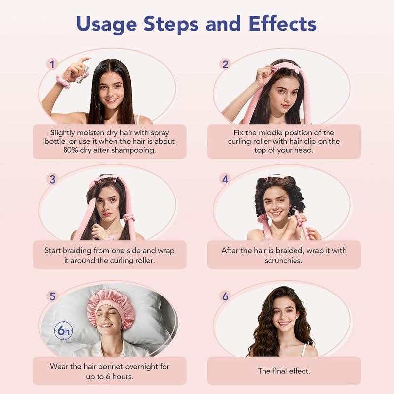 LitBear Heatless Curls Overnight Set, 2 Sizes of Soft Curling Rods for Women Long Hair,No Heat Hair Curlers with Bonnet to Sleep In, Flat-Top Design with Scrunchies and Clips,Light Pink 11Pcs - Image 5